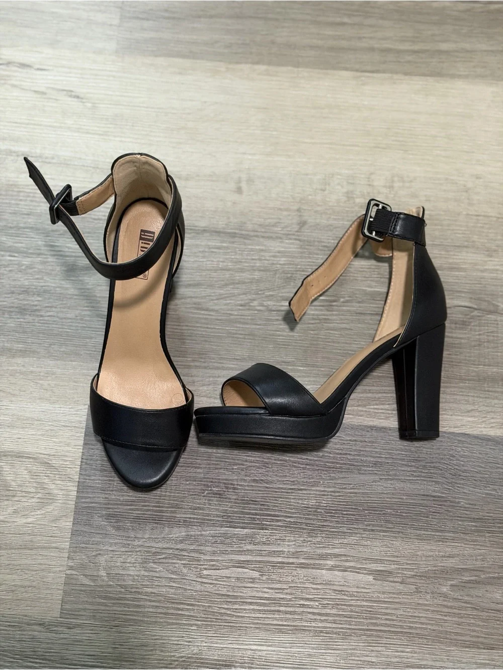 IDIFU Black Ankle-Strap Platform Block Heels